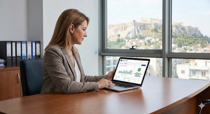 Επιχειρηματίας διαχειρίζεται ηλεκτρονικό δελτίο αποστολής στο γραφείο του