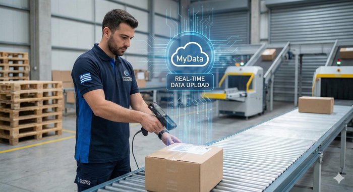 Courier σαρώνει δέμα σε αποθήκη με σύνδεση real-time στο σύστημα MyData