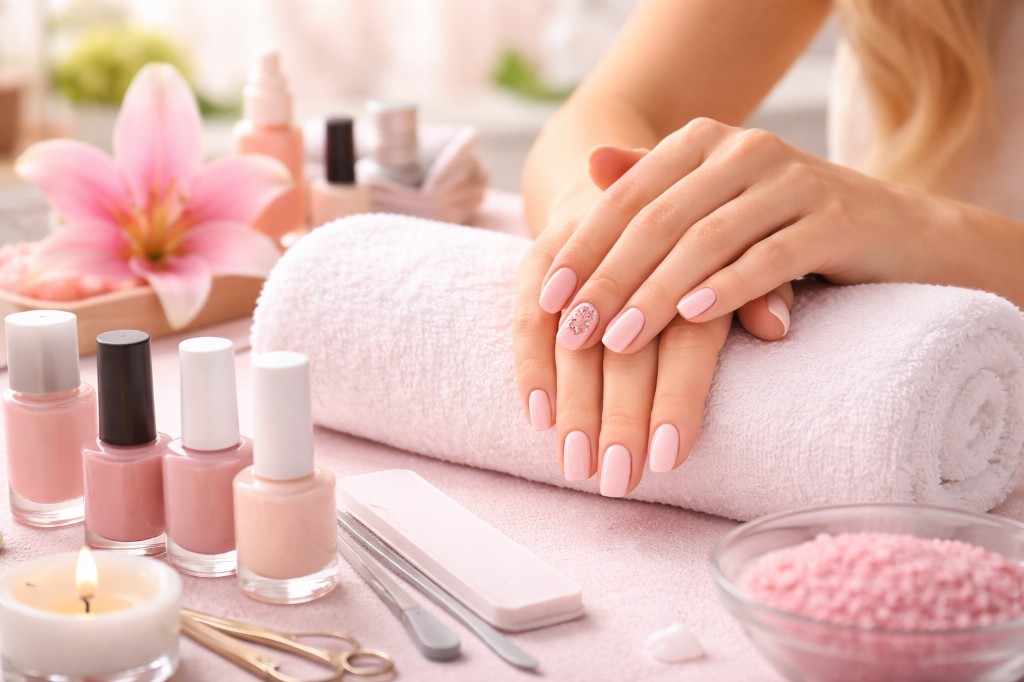 Manicure σε χαλαρωτικό περιβάλλον — χέρια με ημιμόνιμο, εργαλεία και spa λεπτομέρειες nail salon