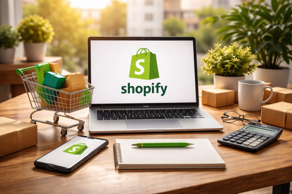 Γραφείο e-commerce με laptop Shopify, καρότσι αποστολών και αντικείμενα workspace